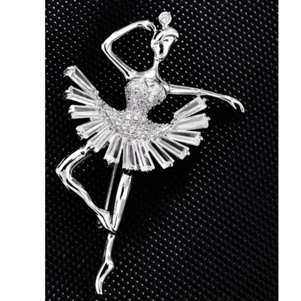 Elegant Silver and  Rhinestone Ballerina Dancer Brooch